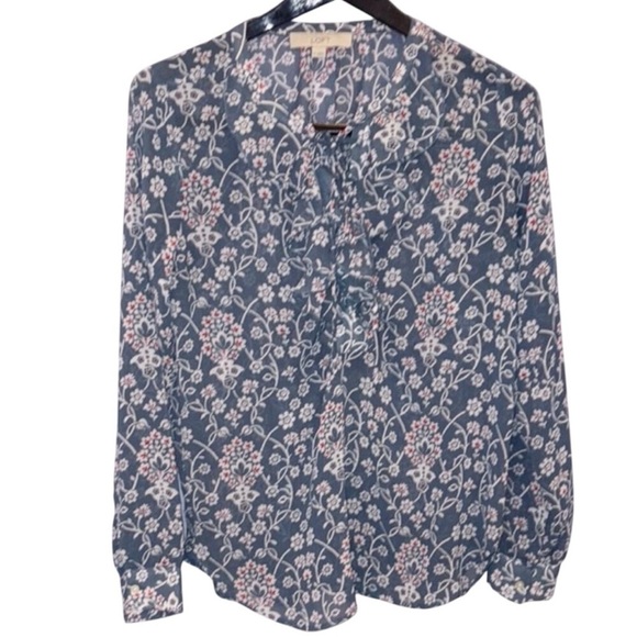 Ann Taylor Loft Floral Blue Women's Ruffle Top XS - Picture 1 of 8